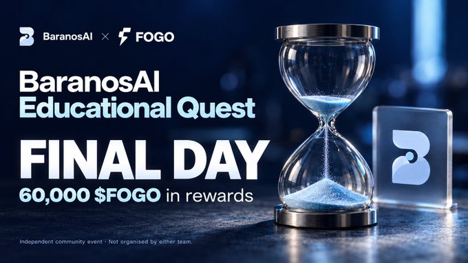 A promotional banner for the 'BaranosAI Educational Quest' showing 'FINAL DAY' with '60,000 $FOGO in rewards', featuring a glowing hourglass with blue sand next to a BaranosAI logo block.