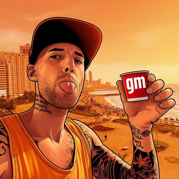 Stylized illustrated portrait of a tattooed man in a cap and orange tank top sticking his tongue out, holding a red cup labeled 'gm' against a sunset coastal cityscape backdrop.