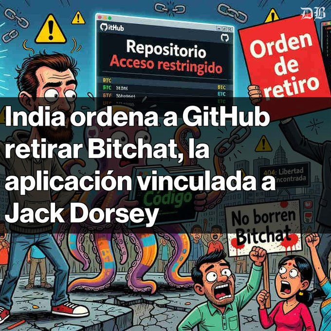 A Spanish-language news graphic stating 'India ordena a GitHub retirar Bitchat, la aplicación vinculada a Jack Dorsey' alongside a cartoon showing protesters with signs reading 'No borren Bitchat' and 'Orden de retiro'.