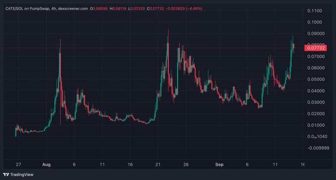 The image shows a TradingView 4-hour candlestick chart of CATE/SOL on PumpSwap, with the current price at 0.08089 SOL (down 4.48% to 0.07733) and a highlighted recent high of 0.08991. The chart displays a significant price spike followed by consolidation, supporting the post's claim of accumulation and anticipation of a major breakout.
