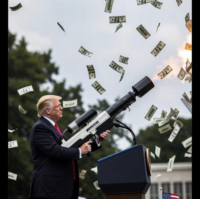 The image shows Donald Trump at a podium firing a money gun that shoots dollar bills into the air, with the White House visible in the background—visually satirizing the post's message about the proposed $1.2 trillion "$5,000 Trump dividend" plan, depicting the government as recklessly "shooting" taxpayer cash while the accompanying commentary urges investing in Bitcoin instead.