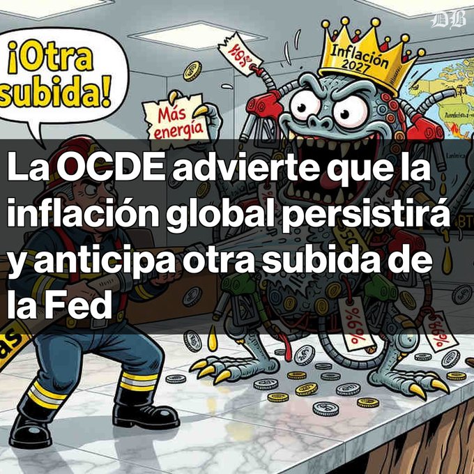 A cartoon illustration with Spanish text reading "La OCDE advierte que la inflación global persistirá y anticipa otra subida de la Fed," depicting a worker fighting an inflation monster wearing a crown labeled "Inflación 2027".