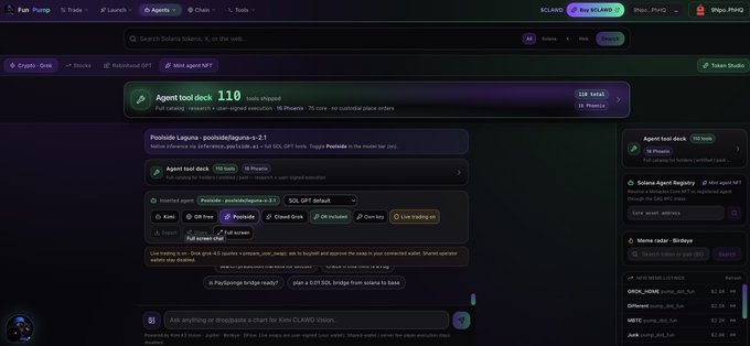 Fun Pump / mini chart interface showing 'Agent tool dock 110 tools shipped' with pool info for posidxelgoons-2.1, agent wallets on Solana Agent Registry, and a 'Meme radar' ticker panel.