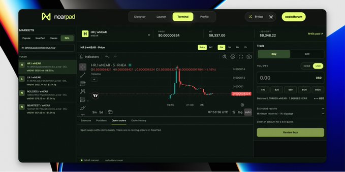 A screenshot of the 'nearpad' cryptocurrency trading platform interface showing a price chart and trading options for 'HB / wNEAR'.