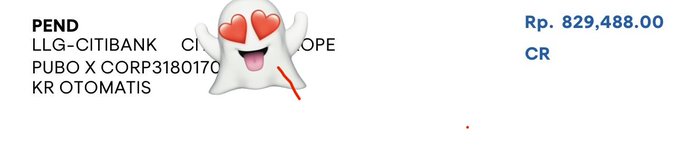 A mobile banking notification showing a pending transaction from 'LLG-CITIBANK' for 'PUB0 X CORP3180170' labeled 'KR OTOMATIS' with a cute ghost emoji, displaying a credit amount of Rp. 829,488.00 CR.