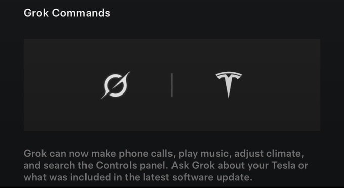 A screenshot of a 'Grok Commands' menu showing integration logos for Grok and Tesla, with text describing Grok's new phone, music, and climate control capabilities.