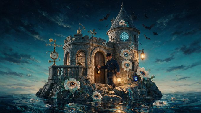 A surreal digital illustration depicting a small stone castle on a rocky island, where a uniformed figure stands at the door holding a lantern, surrounded by large white flowers and a starry night sky.