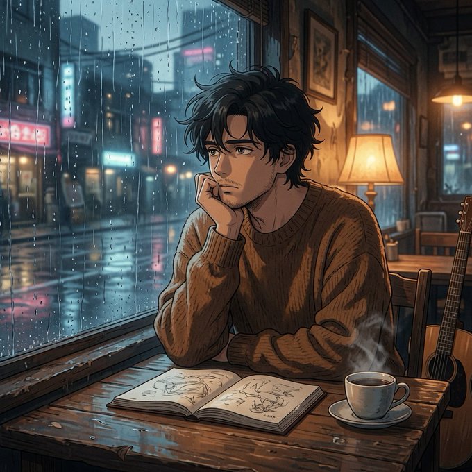 A melancholic anime-style young man sits alone at a café table, gazing out a rain-streaked window at neon-lit city streets, with an open sketchbook, steaming coffee, and a guitar nearby. The image doesn't directly relate to the post about Push Chain's security audit; it seems mismatched and evokes a solitary, introspective mood rather than themes of blockchain or cybersecurity.