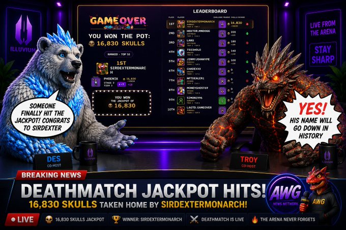 The image features a poster or advertisement with two cartoon characters, one of which is a bear, sitting at a table with a game board behind them. The other character appears to be a dragon, also seated at the same table. They are surrounded by various game pieces and cards, suggesting that they are playing a game like poker.

The poster includes text that reads "History in the making! @illuviumio @SirDexterMrgn". This indicates that the image is related to a news article or post about Sir Dexter winning the jackpot at the Illuvium casino. The text also mentions that there are "60,000 skulls taken home by Sir Dexter!" and "@illuviumio @SirDexter Mrgn", which could be part of an advertisement for a game or event related to the jackpot win.