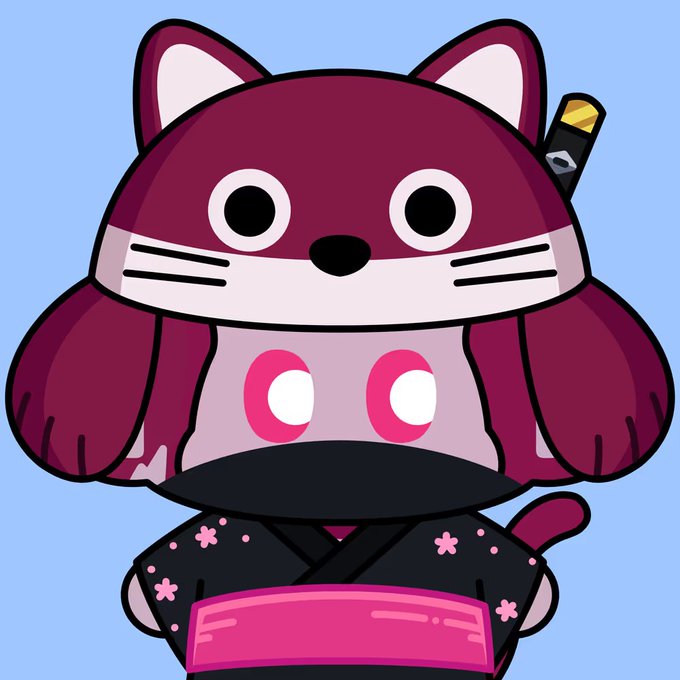 A cute cartoon character that is a hybrid of a cat and an octopus, with a maroon cat face, octopus tentacles, and wearing a black kimono with pink cherry blossoms and a pink obi sash, with a small katana handle visible behind its head.