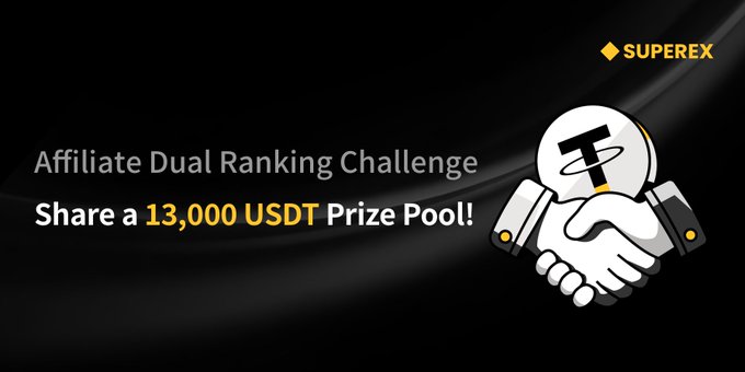 A SUPEX promotional banner reads “Affiliate Dual Ranking Challenge” and “Share a 13,000 USDT Prize Pool!” beside a handshake graphic with the Tether logo.