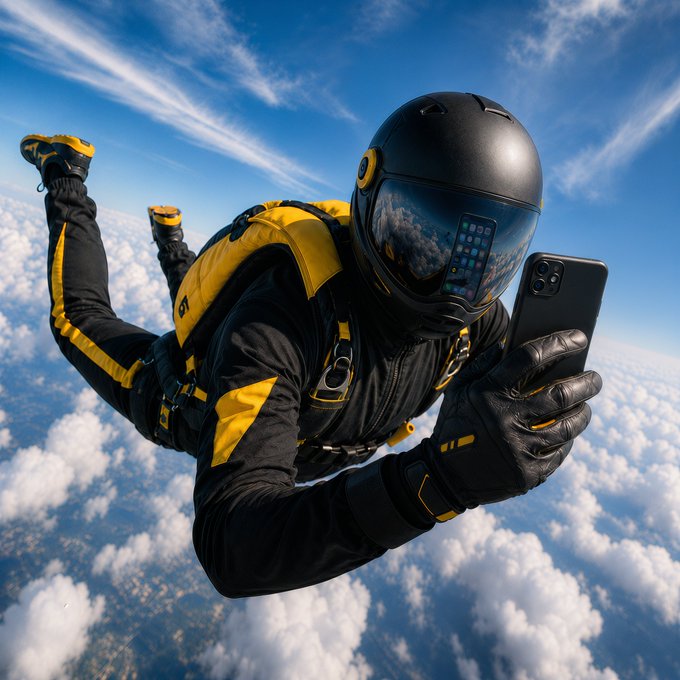 A skydiver in a black and yellow jumpsuit freefalls through clouds while checking his smartphone, humorously answering the question about the most extreme place someone has monitored stock market charts. The phone screen and helmet visor reflect app icons, nodding to "trading" life mid-air.