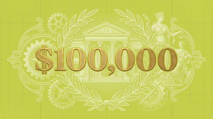 An ornate golden graphic featuring "$10,000" text over a green background with decorative gears, classical figures, and a temple facade.