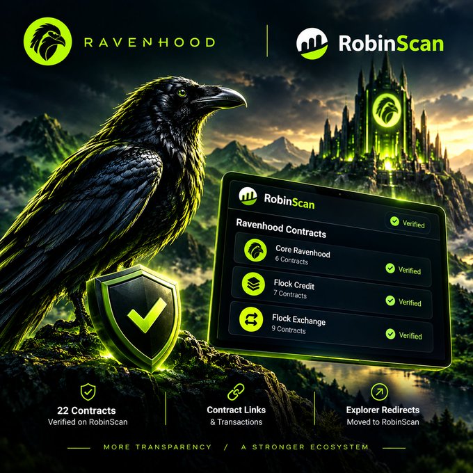A promotional graphic for Ravenhood and RobinScan showing a raven perched on a rock with a glowing shield, alongside a verification panel showing 22 Contracts verified, with the tagline 'MORE TRANSPARENCY / A STRONGER ECOSYSTEM'.