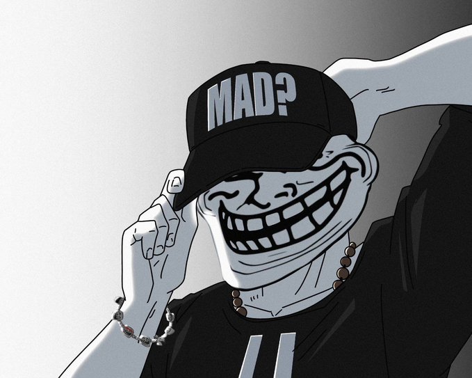 A black-and-white illustration of a man wearing a black cap with the text 'MAD?' and a black shirt, smiling broadly with a wide grin while tipping his cap.