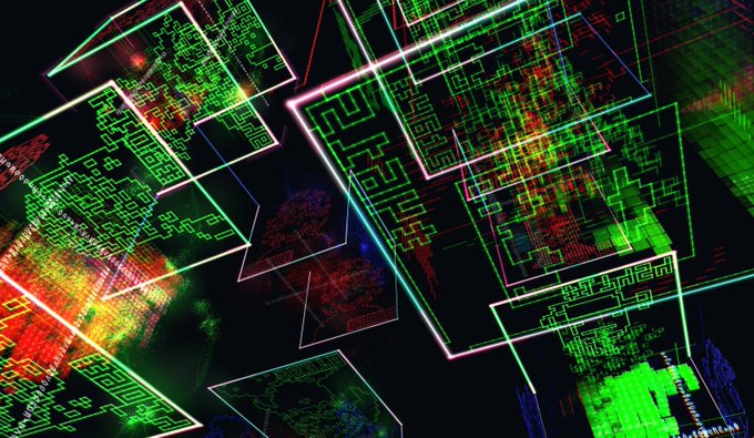 A vibrant digital artwork features overlapping geometric squares filled with neon green, red, and blue pixelated patterns resembling QR code-like mazes against a dark background, complementing the "GM from the BLOCK" greeting with its blocky, blockchain-inspired aesthetic.