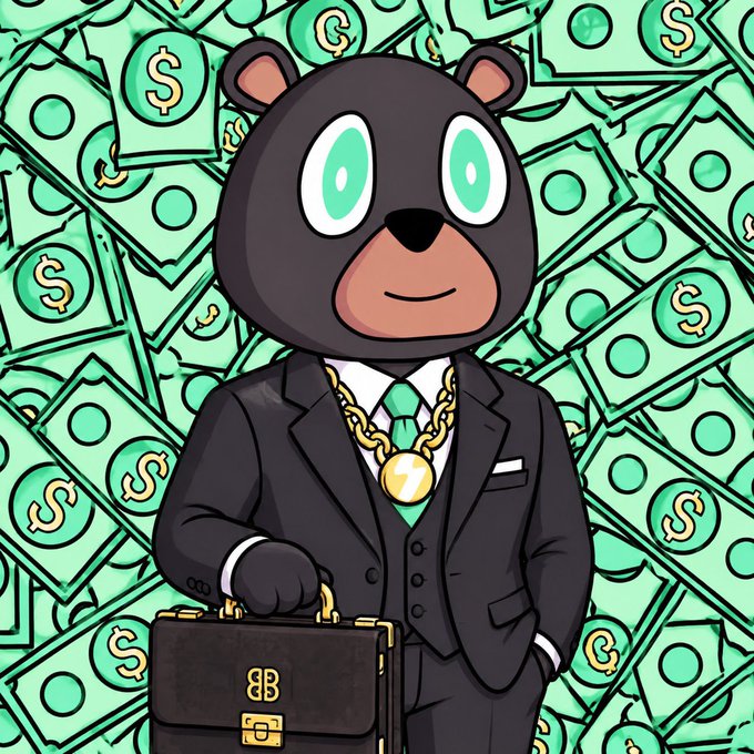 An illustrated cartoon bear wearing a black suit, green tie, and gold chain with a lightning bolt medallion stands holding a briefcase marked '88' in front of a background of dollar bills.