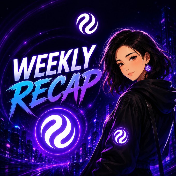 An anime-style illustration of a dark-haired woman wearing a black jacket with a logo, standing before a purple neon cityscape with 'WEEKLY RECAP' written in glowing text.