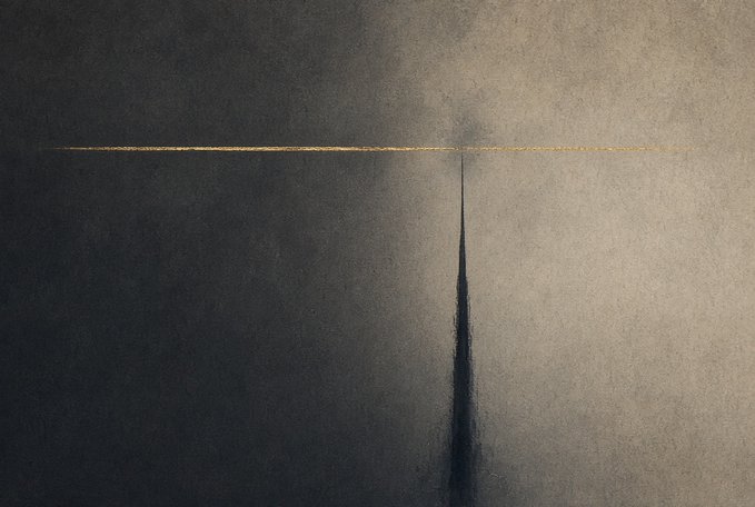 A minimalist composition showing a thin golden horizontal line meeting a dark vertical shadow or needle-like form against a textured gray and beige background.