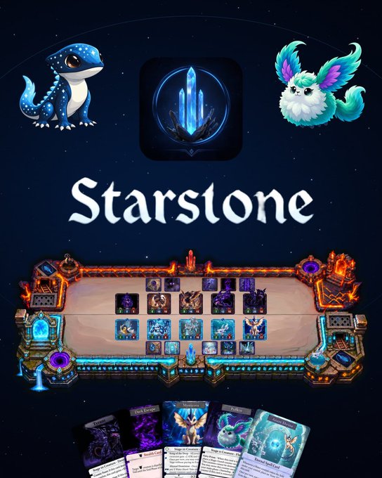 A promotional graphic for the game “Starstone” features fantasy creatures, a blue crystal icon, a card-game board, and a fan of collectible cards.