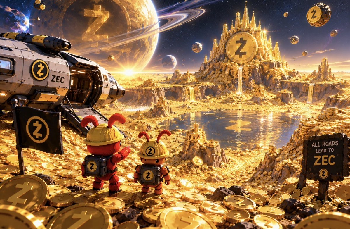 AI-generated artwork depicting a futuristic space landscape with Zcash (ZEC) coins, a spaceship labeled "ZEC," two ant-costumed explorers, and a sign reading "ALL ROADS LEAD TO ZEC."