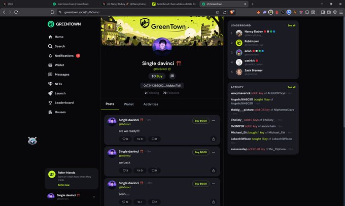 The image shows a "GreenTown" social media profile page for user "Single davinci" (@b0dino), featuring a leaderboard with "Nancy Dubuy" in first place and a "Buy" button prominently displayed beneath the profile. The page's trading interface, where users can purchase keys, directly corresponds to the post's message about buying keys.