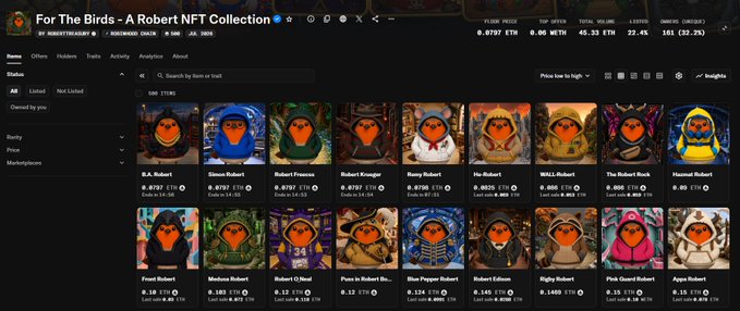 NFT marketplace page displaying 'For The Birds - A Robert NFT Collection' with a grid of various bird-themed NFT characters and their prices in ETH.