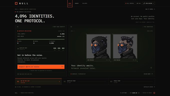 a dark-themed digital interface for "NULL" displaying "4,096 IDENTITIES. ONE PROTOCOL." with two pixel-art character portraits and a "REQUEST WHITELIST ACCESS" button.