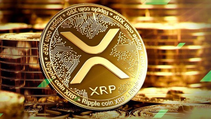 A close-up image of a gold Ripple (XRP) cryptocurrency coin with its distinctive X logo, surrounded by stacks of similar gold coins.