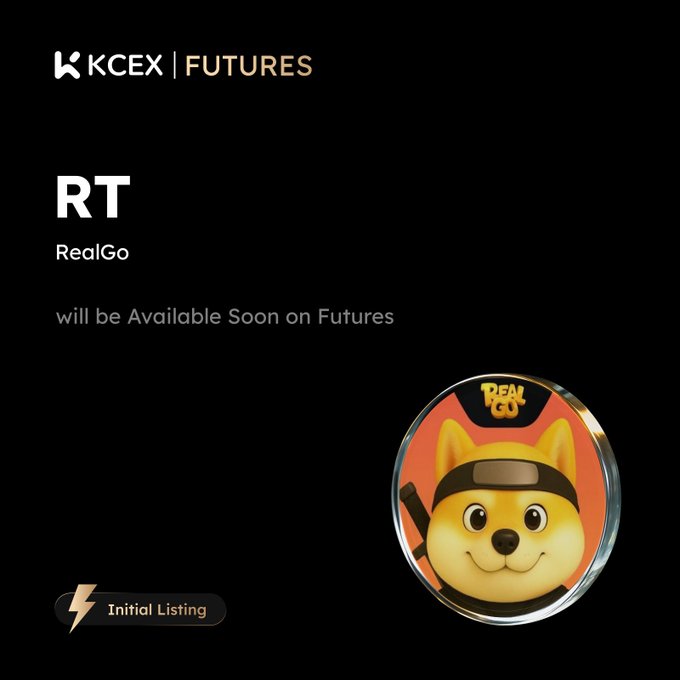A black promotional graphic reads “KCEX | FUTURES,” “RT,” “RealGo,” and “will be Available Soon on Futures,” with an “Initial Listing” badge and a circular dog-like coin illustration.