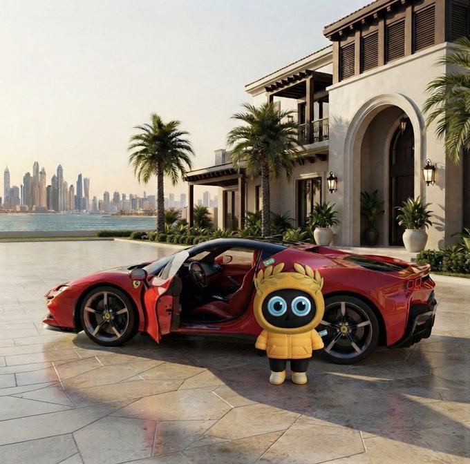 An AI-generated scene showing a small yellow hooded robot character standing next to a red Ferrari sports car with its door open, parked at a luxurious villa overlooking a coastal city skyline with palm trees.