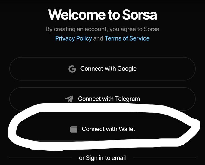 A screenshot of the "Welcome to Sorsa" sign-up page shows three login options: "Connect with Google," "Connect with Telegram," and a newly added "Connect with Wallet" option (circled in white), supporting the post's observation that Sorsa is introducing wallet-based connectivity to its platform.