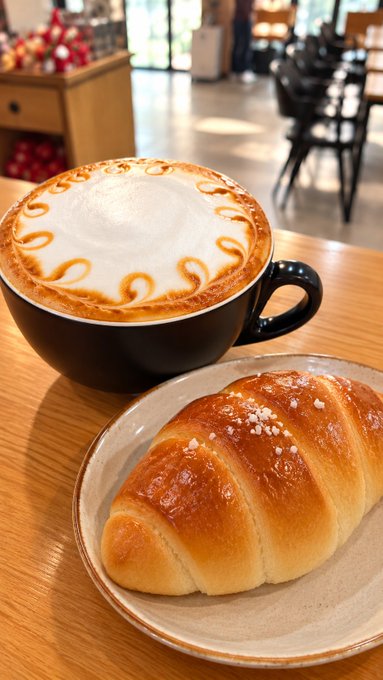 A black cup of latte with decorative foam art served alongside a salt-topped croissant on a wooden table in a cafe setting.