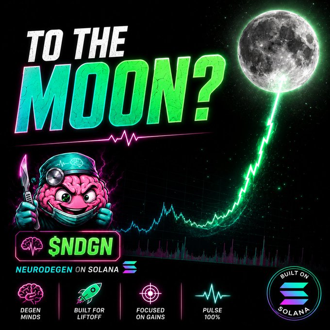 A vibrant crypto promotional graphic titled "TO THE MOON?" featuring a cartoon brain surgeon mascot holding a scalpel, alongside the ticker "$NDGN" labeled "NEURODEGEN ON SOLANA," with a glowing green price chart skyrocketing toward a moon illustration—visually reinforcing the post's "Pulse detected" and "Buy $NDGN on Solana" call-to-action for the NeuroDegen memecoin.