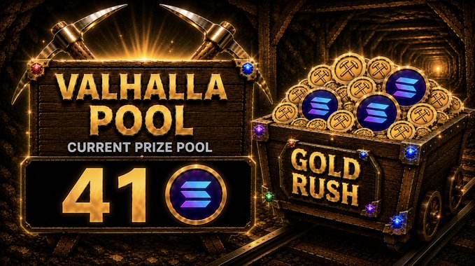 The image features a poster advertising a virtual treasure hunt called "The Valhalla Pool" that takes place at the end of Season 1. The poster includes a gold pool filled with coins, which are the main attraction for players participating in the game. It also displays a scoreboard showing the current prize pool and the number of points needed to win it. The post encourages users to join the game by sharing it on social media or among friends who might be interested in playing.
