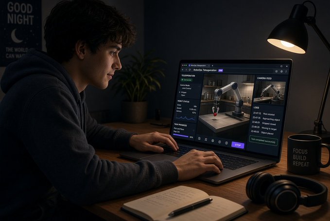 A young man working on a laptop displaying a 3D robotic arm in a robotic teleoperation interface, with a desk lamp and headphones nearby.