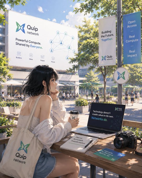 An anime-style illustration of a young woman with a Quip network branded tote bag sitting at an outdoor cafe with a laptop displaying "Technology doesn't create value on its own. Networks do." alongside Quip network billboards promoting "Powerful Compute, Shared by Everyone."