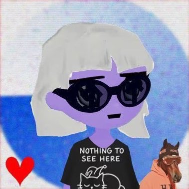 A digital cartoon avatar of a character with white hair and black sunglasses wearing a 'NOTHING TO SEE HERE' t-shirt, set against a blue and white textured background.