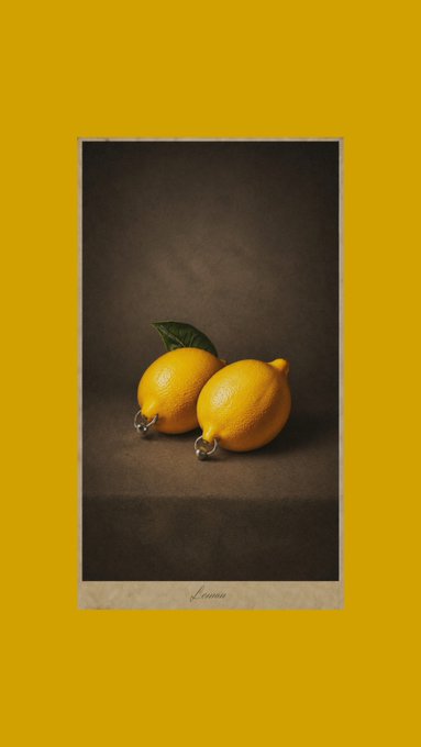 A Polaroid-style photograph on a yellow background showing two lemons with a leaf on a dark surface, labeled 'Lemon' at the bottom.