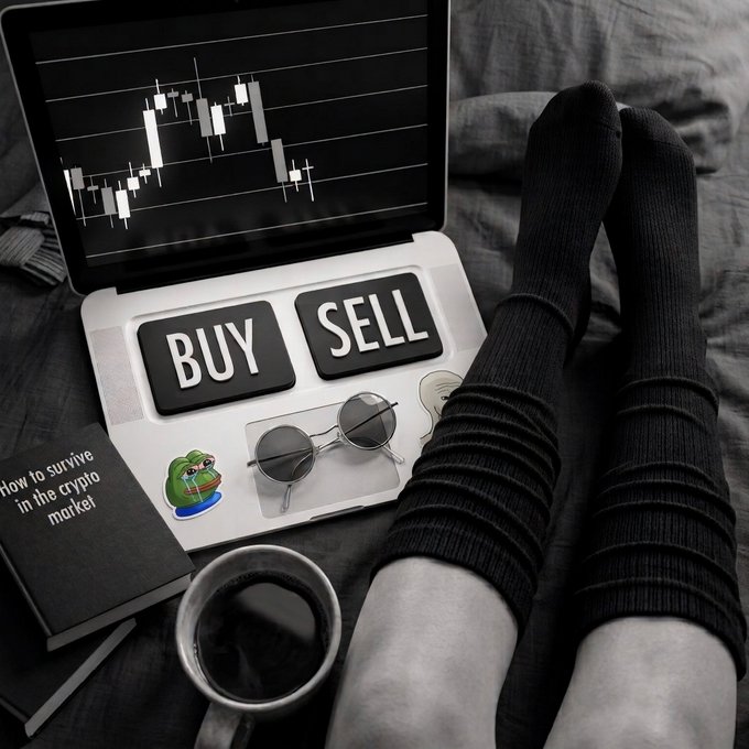 A black-and-white photo of a person in striped socks resting their feet near a laptop displaying a candlestick chart, with a keyboard showing 'BUY' and 'SELL' keys, sunglasses, a green meme frog sticker, and a book titled 'How to survive in the crypto market'.