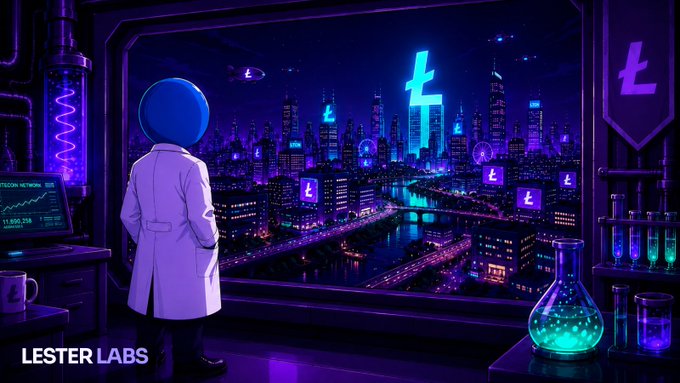 A scientist in a lab coat gazes out a window at a futuristic, neon-lit cityscape featuring glowing Litecoin "Ł" symbols on skyscrapers and billboards, with the "LESTER LABS" logo displayed in the corner alongside glowing beakers. The image visually embodies the post's theme of early believers watching Litecoin's adoption become mainstream, with the lone researcher symbolizing those who championed the project during quieter times now observing it light up the city.