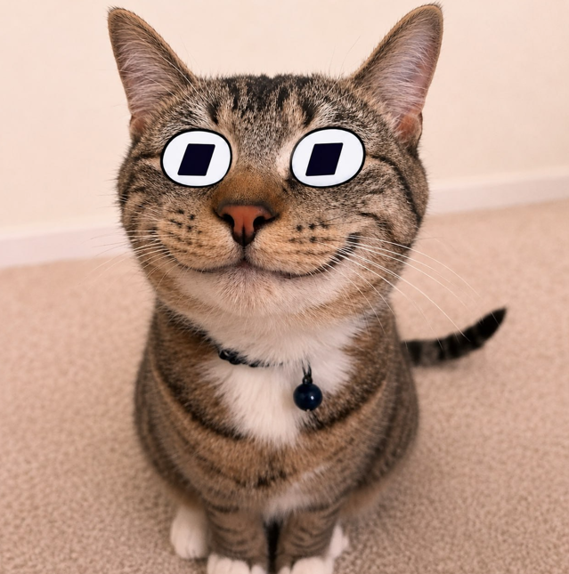 A tabby cat with digitally added wide, surprised cartoon eyes, wearing a collar with a dark bell.
