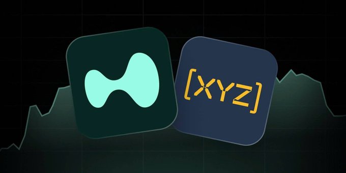 Two app icons displayed over a dark background with a faint green chart line: a mint green rounded square with a bowtie-like symbol, and a dark blue rounded square containing '[XYZ]'.