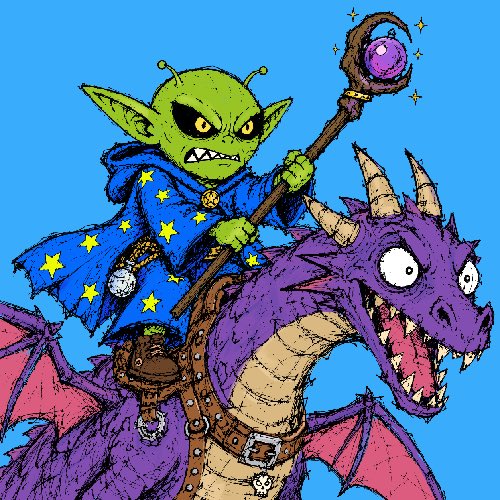 A green goblin wizard with antennae, wearing a blue star-covered robe, rides atop a purple horned dragon while holding a staff topped with an orb. The whimsical, fantasy-themed illustration accompanies a post linking to a Bitcoin transaction on mempool.space, likely humorously depicting a "magical" or mythical Bitcoin transaction.