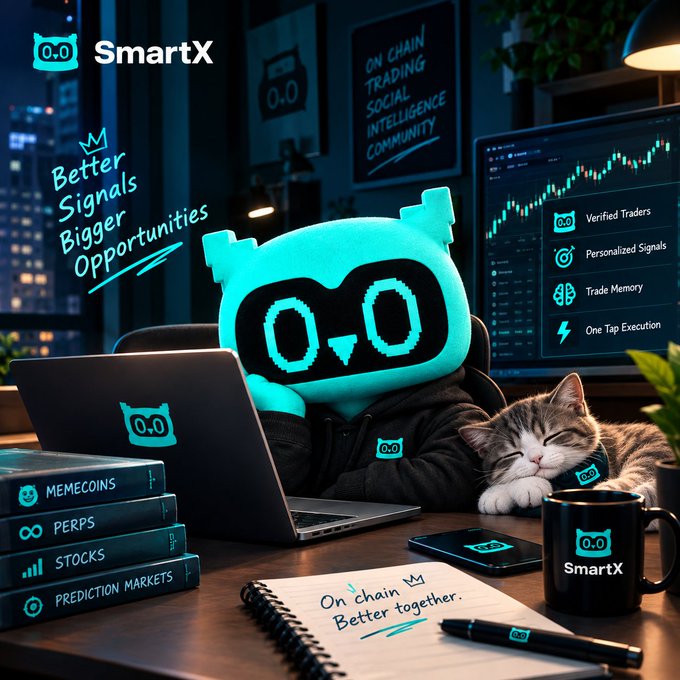 A promotional graphic for 'SmartX' featuring a cyan robot mascot at a desk with a sleeping cat, a laptop, and a monitor displaying trading charts and features like 'Verified Traders' and 'Trade Memory.'