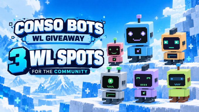 A promotional graphic for "CONSO BOTS WL GIVEAWAY" advertising "3 WL SPOTS FOR THE COMMUNITY" featuring colorful pixel-art robot characters in blue, pink, yellow, white, purple, and green against a blue Minecraft-style block background.