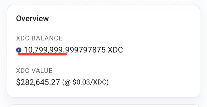 An Overview card displays an XDC BALANCE of 10,799,999.999797875 XDC and an XDC VALUE of $282,645.27 (@ $0.03/XDC), with the balance number underlined in red.