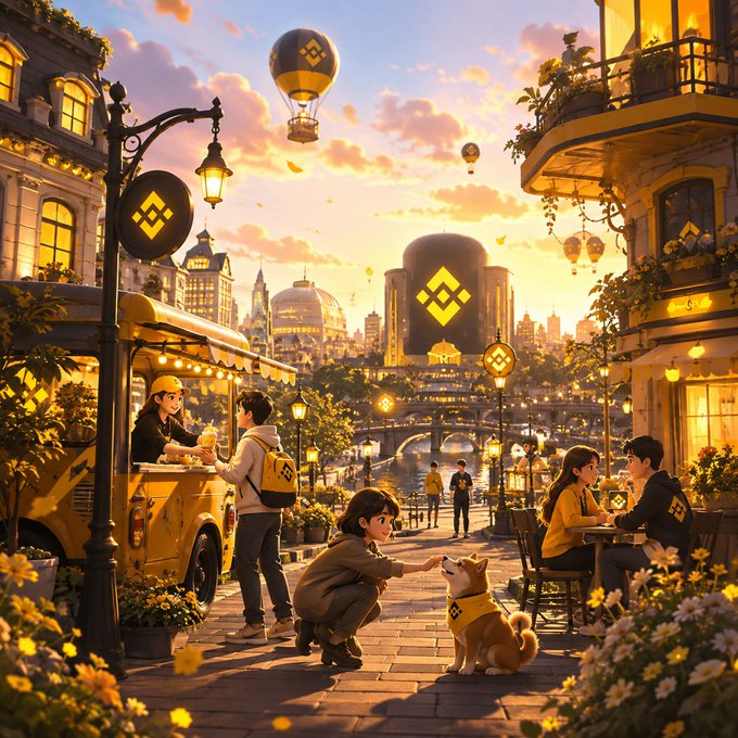 A vibrant animated-style illustration of a warm evening city scene with Binance (BNB) logos on hot air balloons, a food truck, and lampposts, featuring people enjoying drinks at outdoor cafes and petting a Shiba Inu dog.