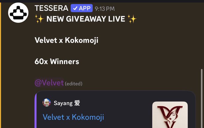 A Discord screenshot from the TESSERA app announces a new giveaway titled "Velvet x Kokomoji" with 60 winners, featuring a post by @Velvet announcing "Sayang" as a winner. This aligns with the accompanying post promoting two live giveaways in Velvet and inviting women in web3 to join their Discord for more opportunities.