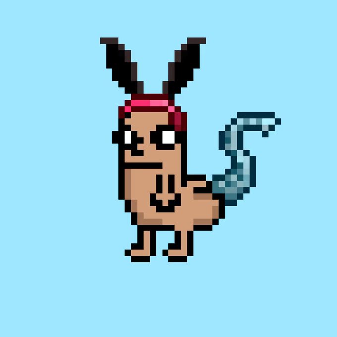 A pixel art character resembling a brown centaur-like creature with a horse's tail, wearing a red headband, set against a light blue background.